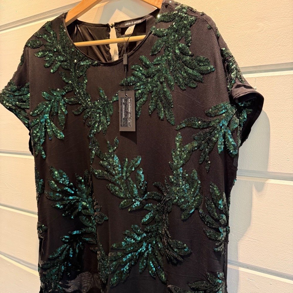 NWT CABLE & GAUGE Top Black Green Sequin Leaf Mesh Top Blouse CSTP04434W Size 1X - Picture 3 of 12